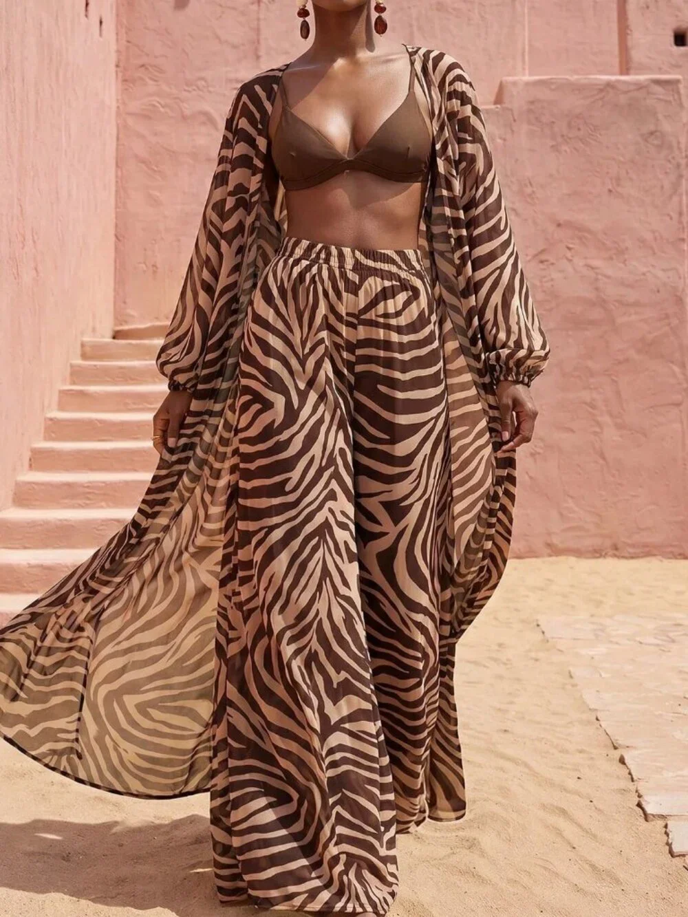 Brown Zebra Print Women's Lantern Sleeve Kimono Cover Up & Wide Leg Pants Set